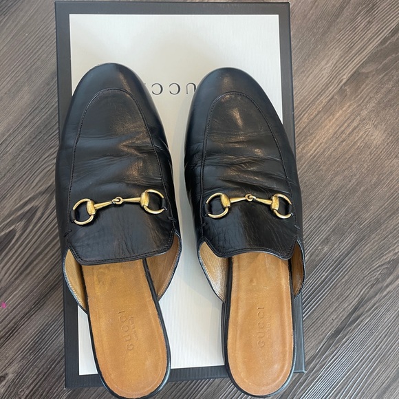 Authentic GUCCI PRINCETOWN LEATHER SLIPPER slides mules black gold 38.5 loafers - Picture 10 of 16